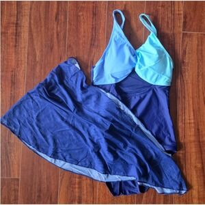 Girls Blue Colorblock One Piece Swimsuit and Mesh Skirt Set Size 12Y 11-12 Yrs